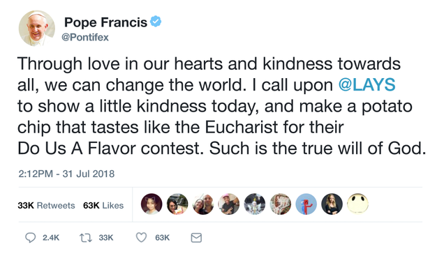 Illustration for article titled Pope Francis Is Aggressively Campaigning On Twitter For ‘Holy Eucharist’ To Win Lay’s New Flavor Contest